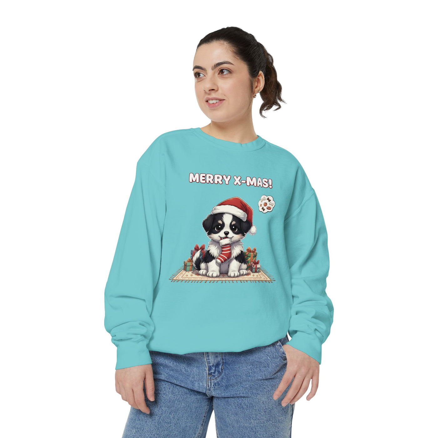 Cute Puppy waiting for Christmas presents style 7 Cozy Graphic Unisex Crewneck Sweatshirt