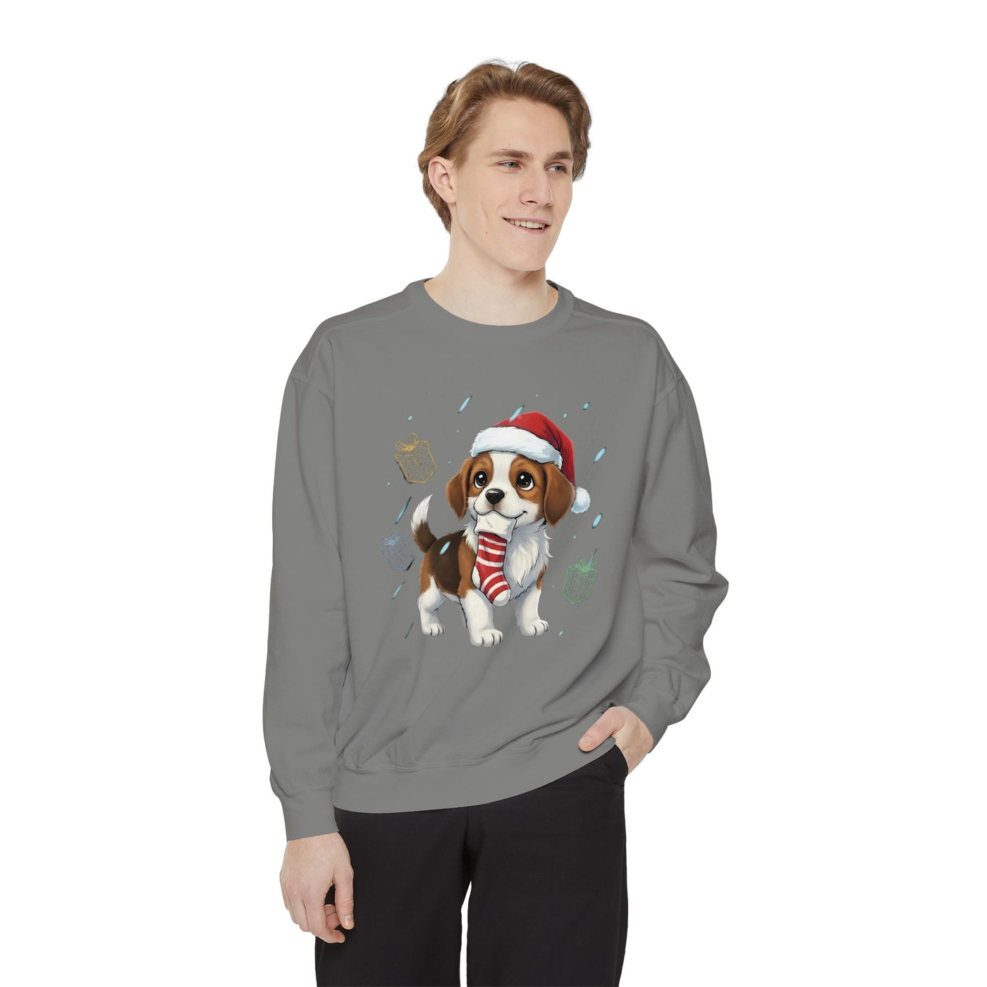 Cute Puppy waiting for Christmas presents style 6 Cozy Graphic Unisex Crewneck Sweatshirt