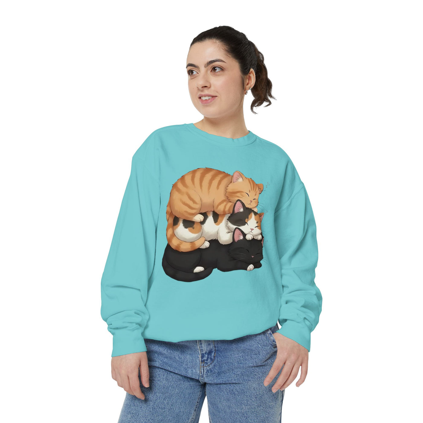 3 Cute Sleeping Cats style 5 Cozy Graphic Unisex Crewneck Sweatshirt