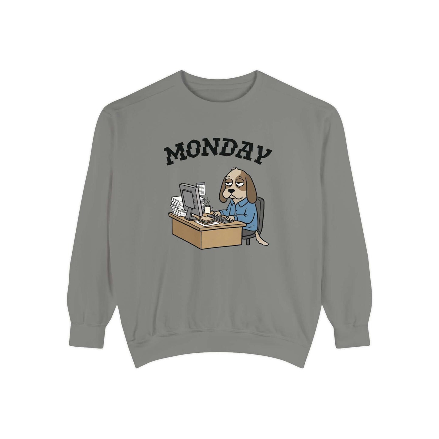 Monday Face Dog Stares Blankly Unisex Crewneck Sweatshirt with a humorous graphic for relaxed mornings.