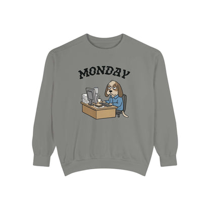 Monday Face Dog Stares Blankly Unisex Crewneck Sweatshirt with a humorous graphic for relaxed mornings.