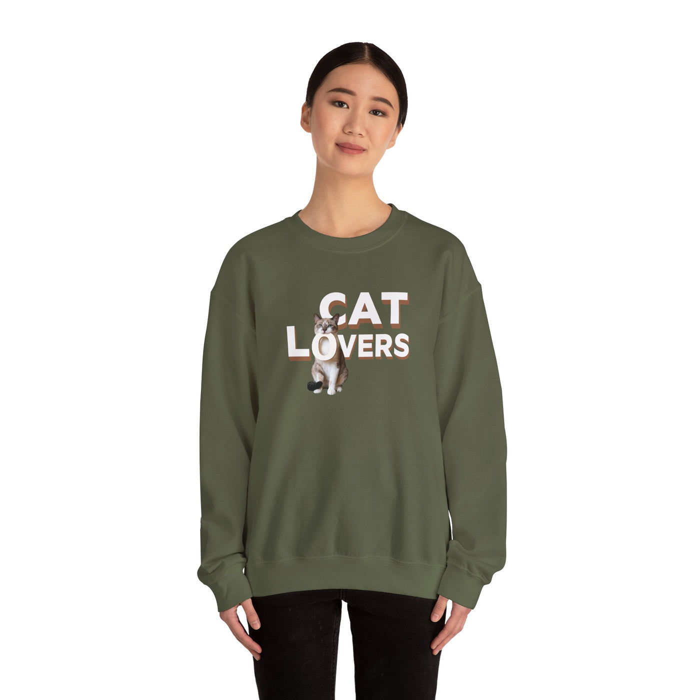 cat lovers cute kitten sweatshirt featuring a model wearing a cozy crewneck with a cute cat graphic.