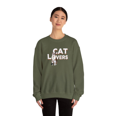 cat lovers cute kitten sweatshirt featuring a model wearing a cozy crewneck with a cute cat graphic.