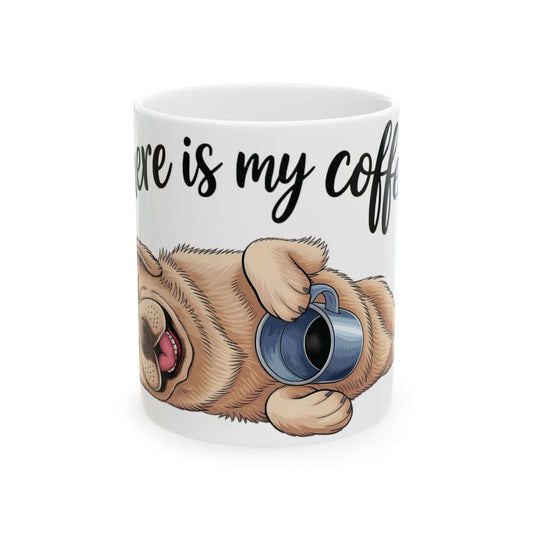 Where is my coffee - Cute Sleeping Dog Ceramic Coffee Mug features a cartoon pug with a blue coffee cup.