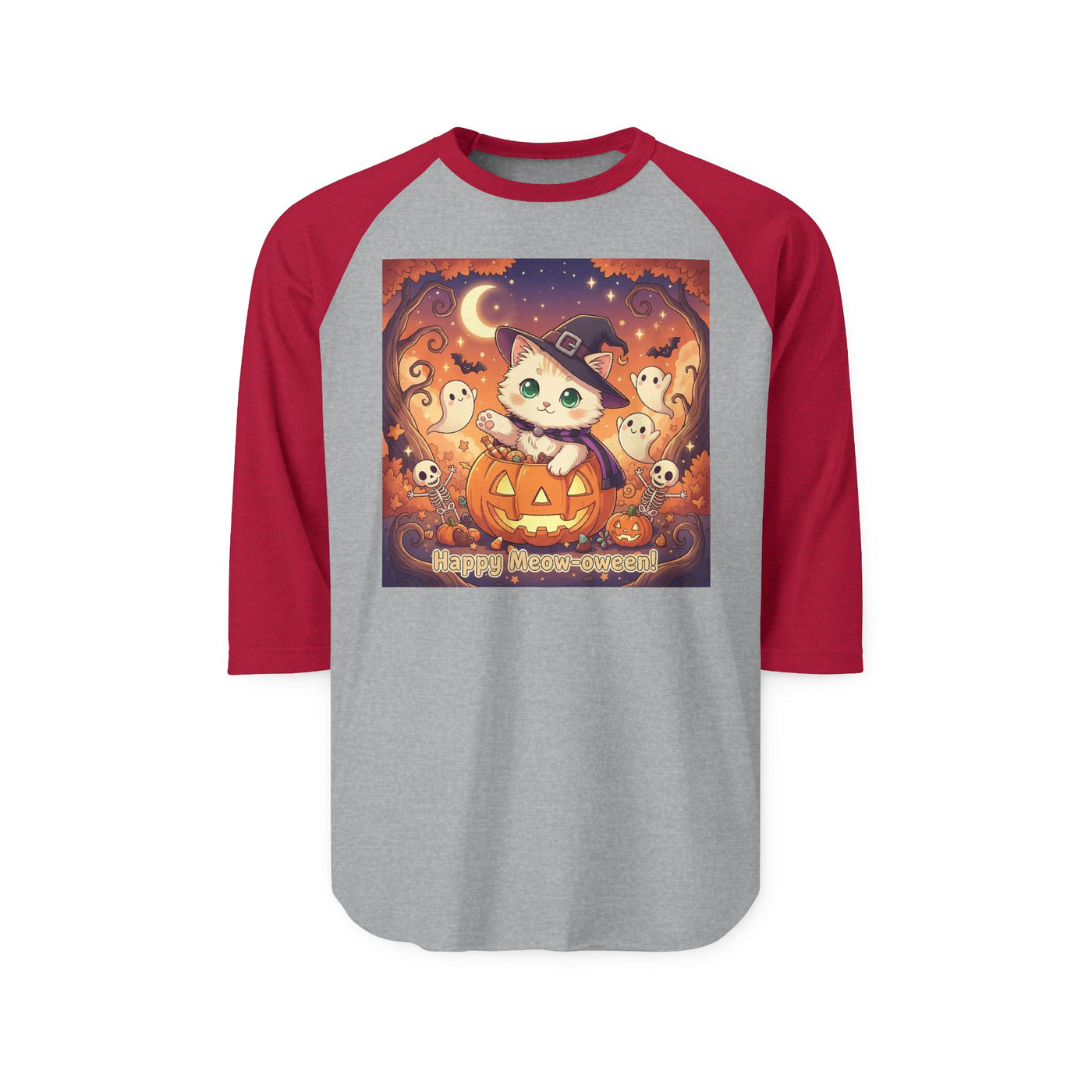 Halloween cute kitten anime style 6 Raglan Shirt, Unisex Halloween Top, Pumpkin Cat Shirt, Cute Cat Tee, Spooky Casual Wear