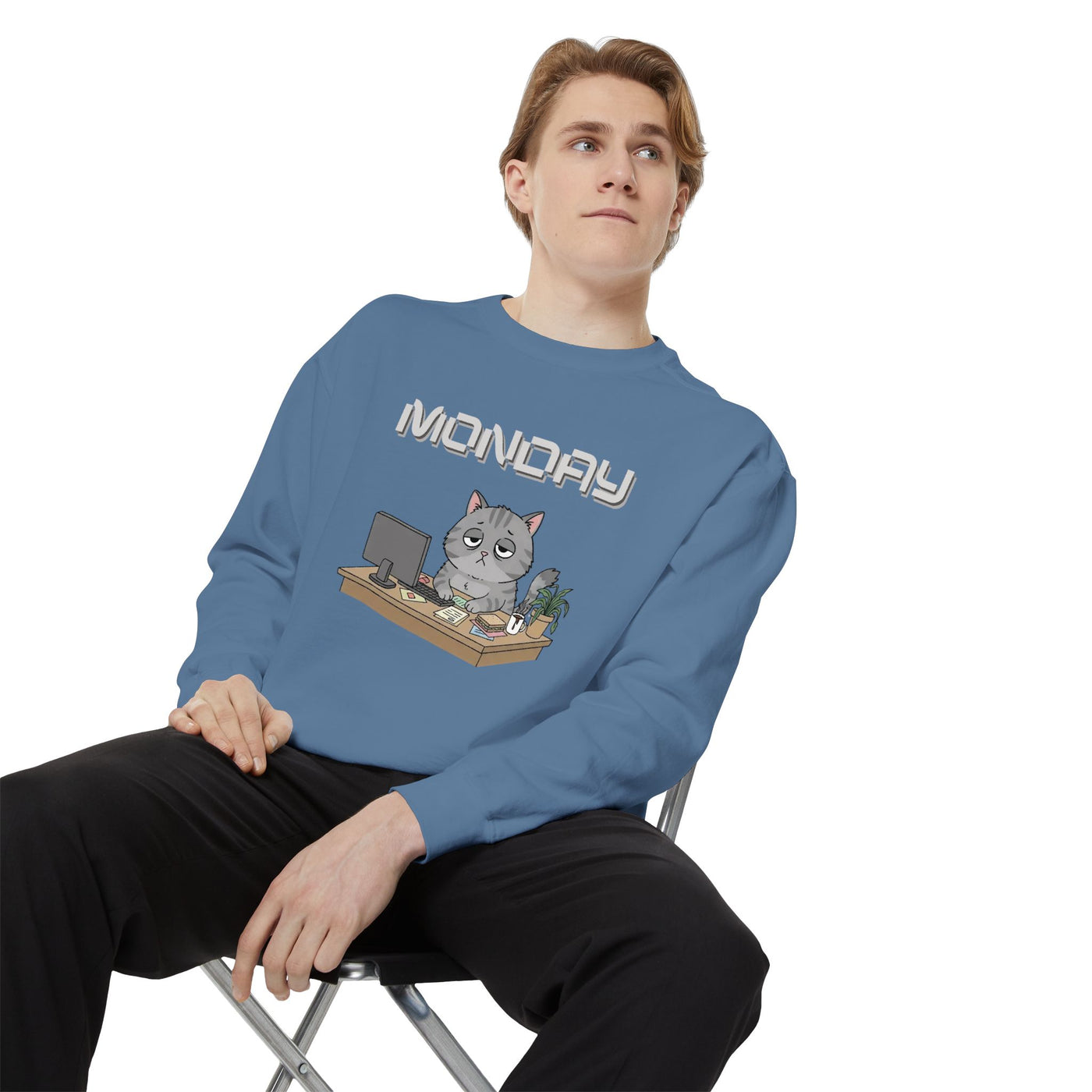 Monday Face Cat Stares Blankly Unisex Crewneck Sweatshirt style 2