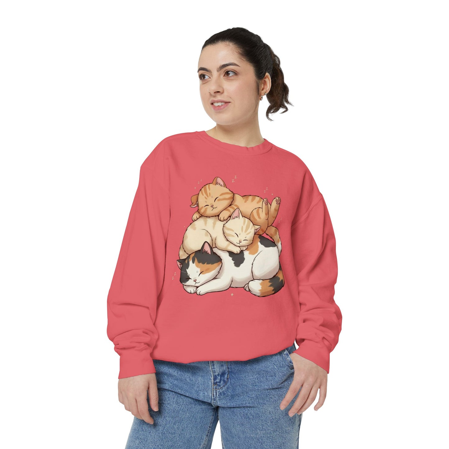 3 Cute Sleeping Cats Cozy Graphic Unisex Crewneck Sweatshirt style 1
