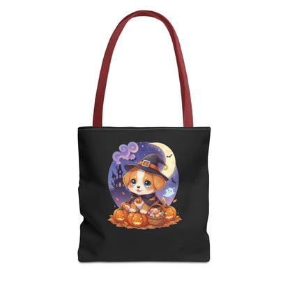 Adorable Halloween Puppy anime style Tote Bag, Pumpkin Lover Gift, Cute Dog Design, Witch Theme, Eco-Friendly Shopping Bag
