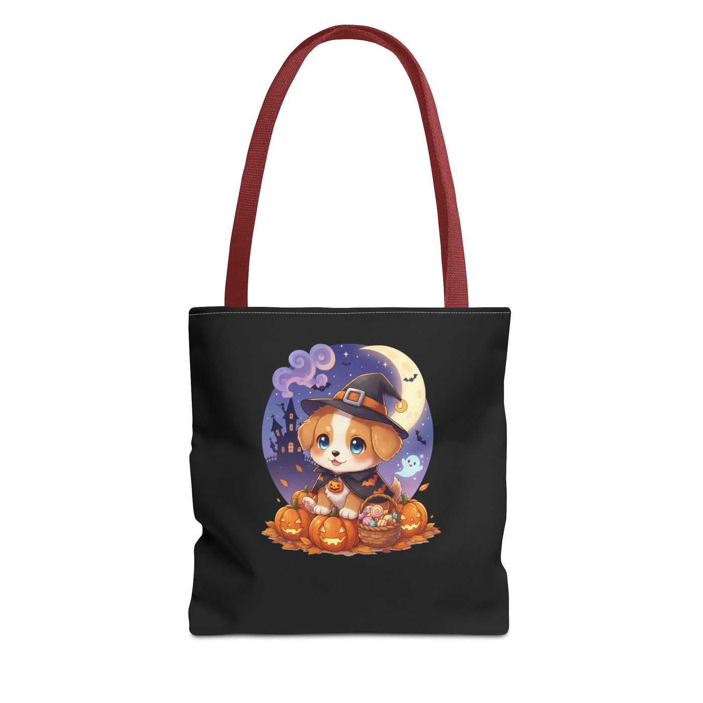 Adorable Halloween Puppy anime style Tote Bag, Pumpkin Lover Gift, Cute Dog Design, Witch Theme, Eco-Friendly Shopping Bag