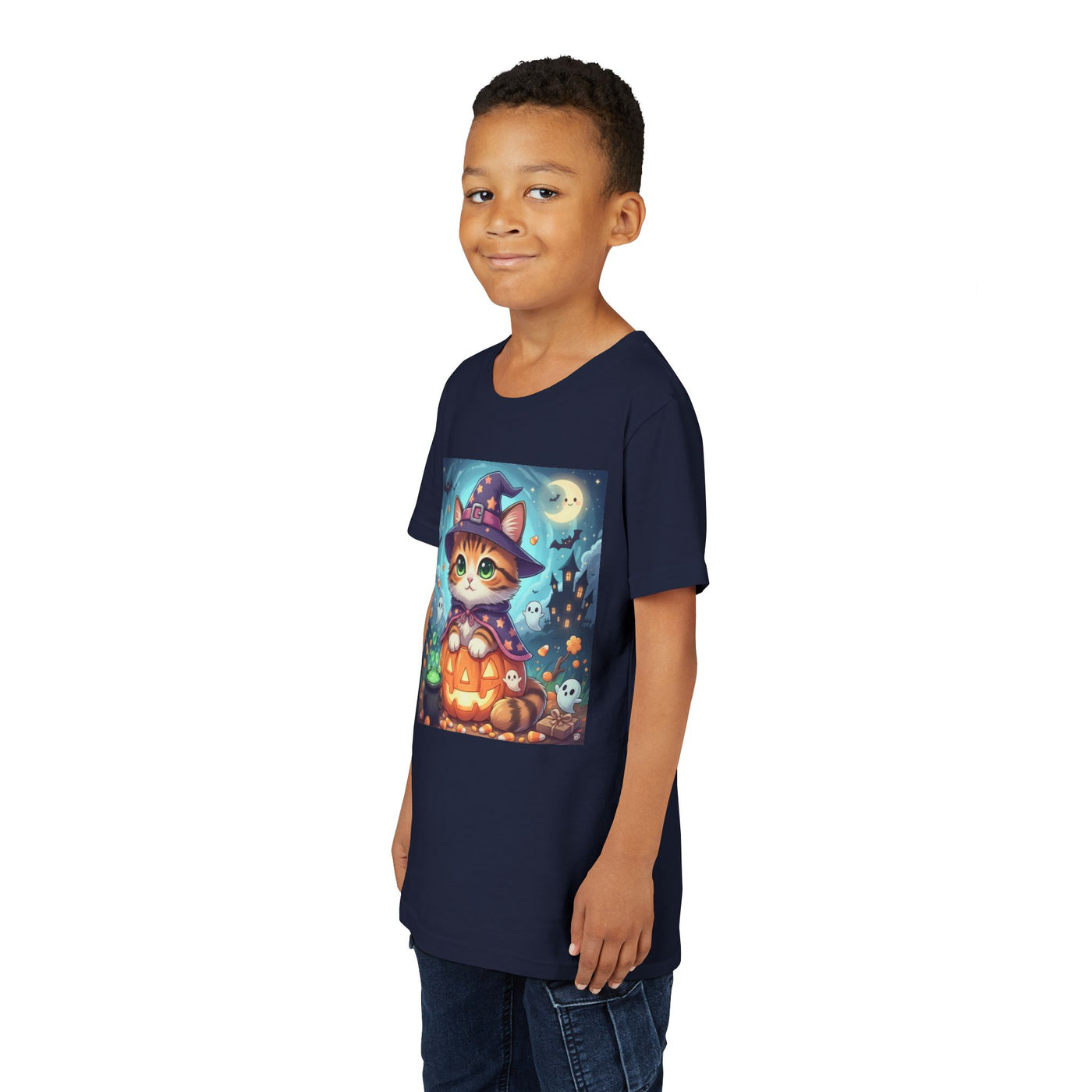 Halloween cute kitten anime style 2 Unisex Youth Tee | T-Shirt, Cute Pumpkin Shirt, Kids Halloween Outfit, Cat Lover Gift, Fun Fall Apparel