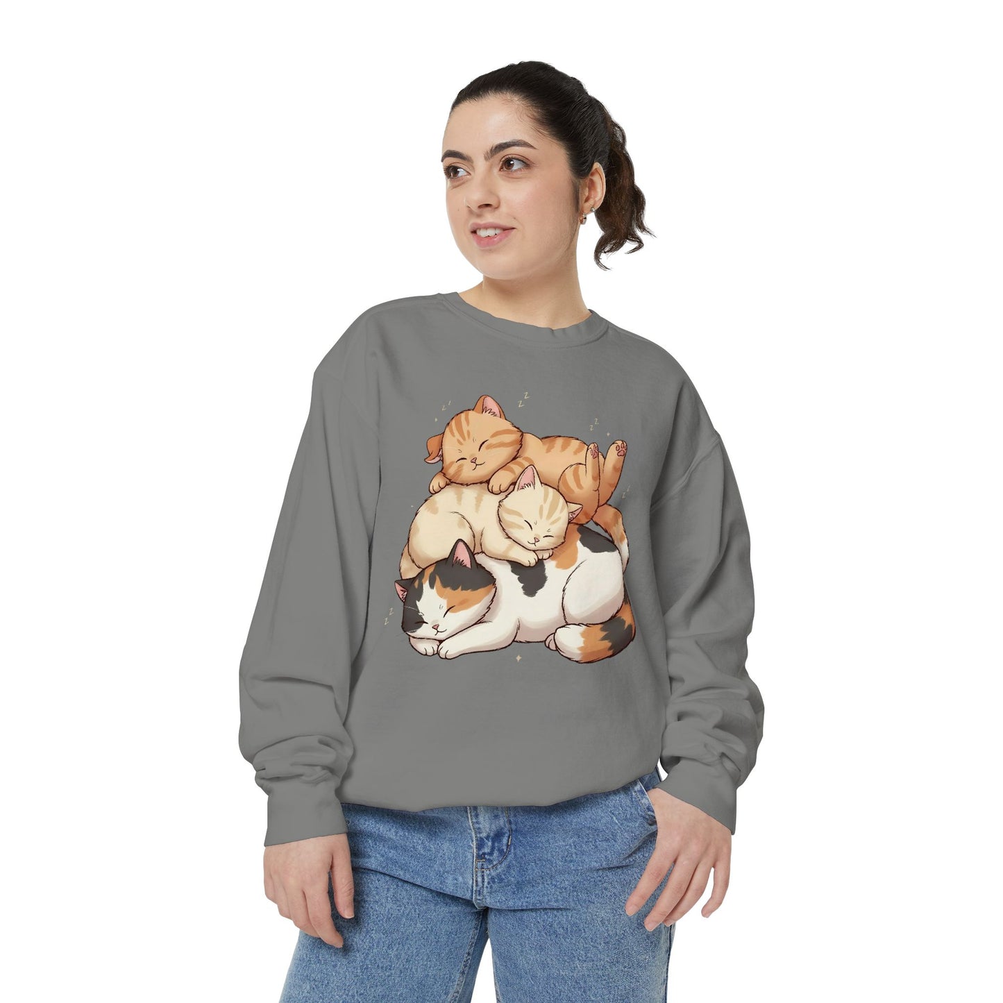 3 Cute Sleeping Cats Cozy Graphic Unisex Crewneck Sweatshirt style 1