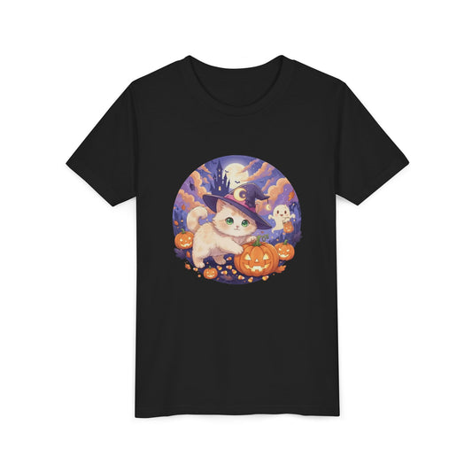 Halloween cute kitten anime style 5 Unisex Youth Tee | T-Shirt, Cute Pumpkin Shirt, Kids Halloween Outfit, Cat Lover Gift, Fun Fall Apparel