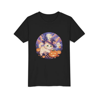 Halloween cute kitten anime style 5 Unisex Youth Tee | T-Shirt, Cute Pumpkin Shirt, Kids Halloween Outfit, Cat Lover Gift, Fun Fall Apparel