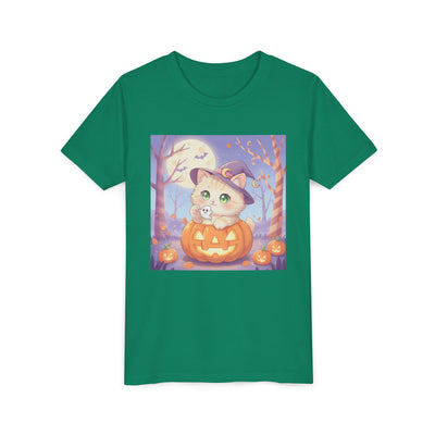 Halloween cute kitten anime style 1 Unisex Youth Tee | T-Shirt, Cute Pumpkin Shirt, Kids Halloween Outfit, Cat Lover Gift, Fun Fall Apparel