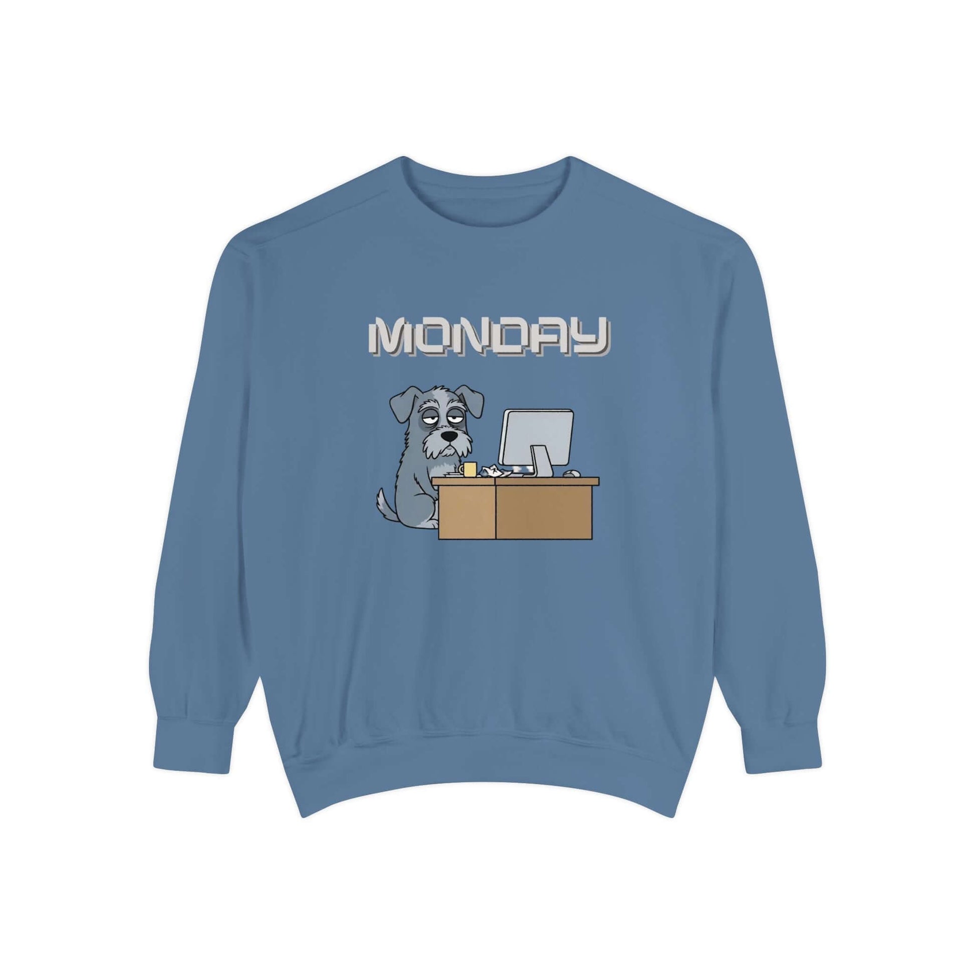 Monday Face Dog Stares Blankly Unisex Crewneck Sweatshirt with a cartoon dog at a desk