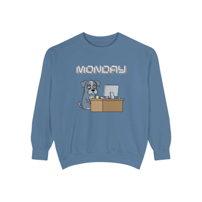 Monday Face Dog Stares Blankly Unisex Crewneck Sweatshirt with a cartoon dog at a desk