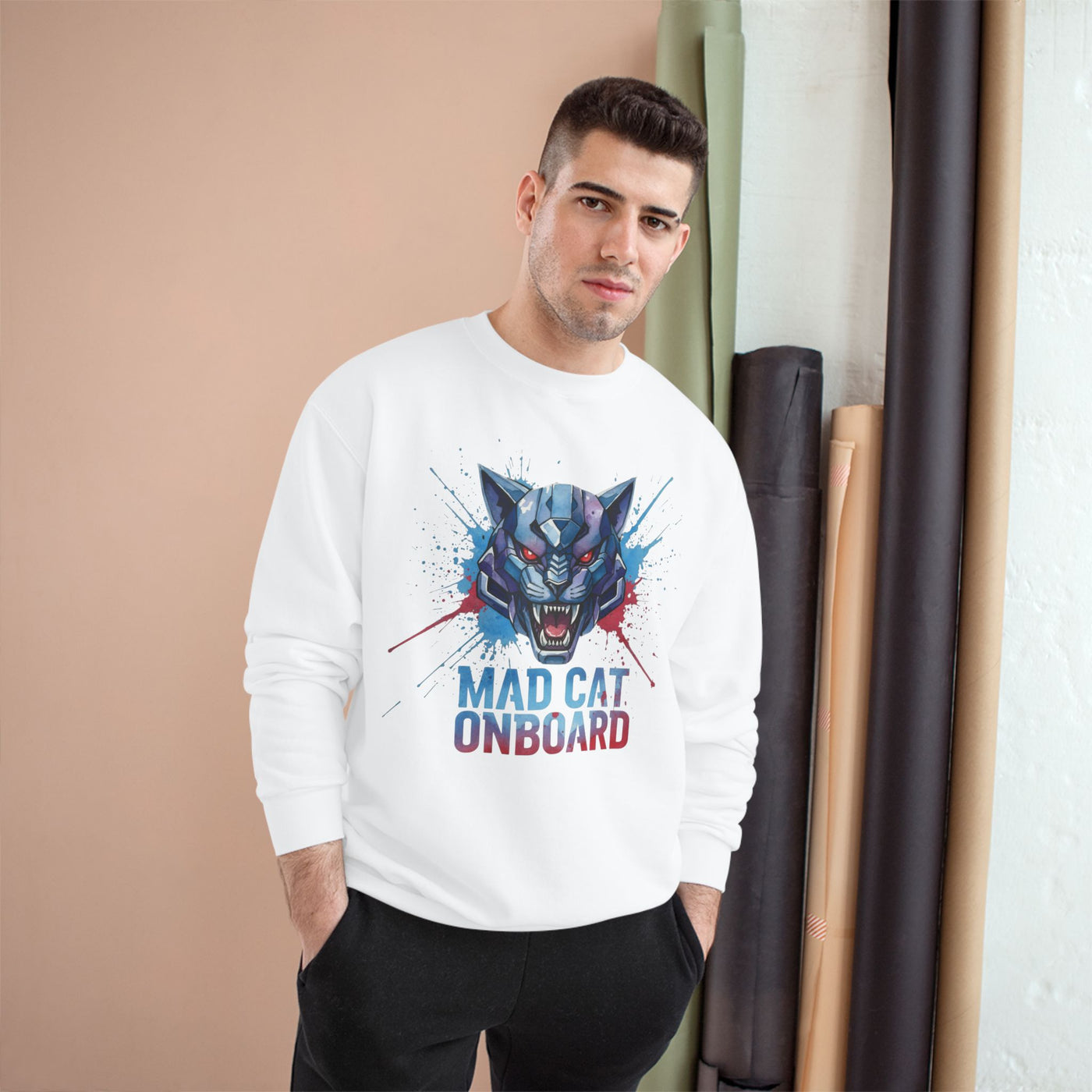 Mad Cat Onboard Graphic style 3 Champion Crewneck Sweatshirt for Gamers & Sci‑Fi Fans