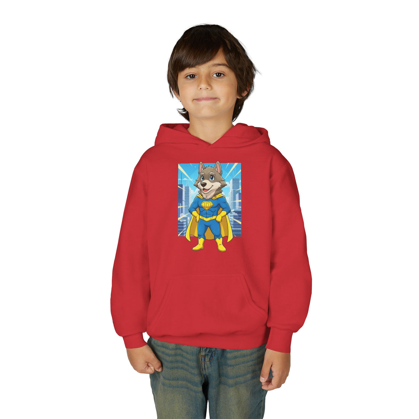 Dog cosplay Superman style 1 Unisex Kids Hoodie - Fun & Cozy Heavy Blend Sweatshirt with Cute Design