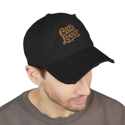 Cats Lover Distressed Embroidered Cap Dad Hat Brown Words