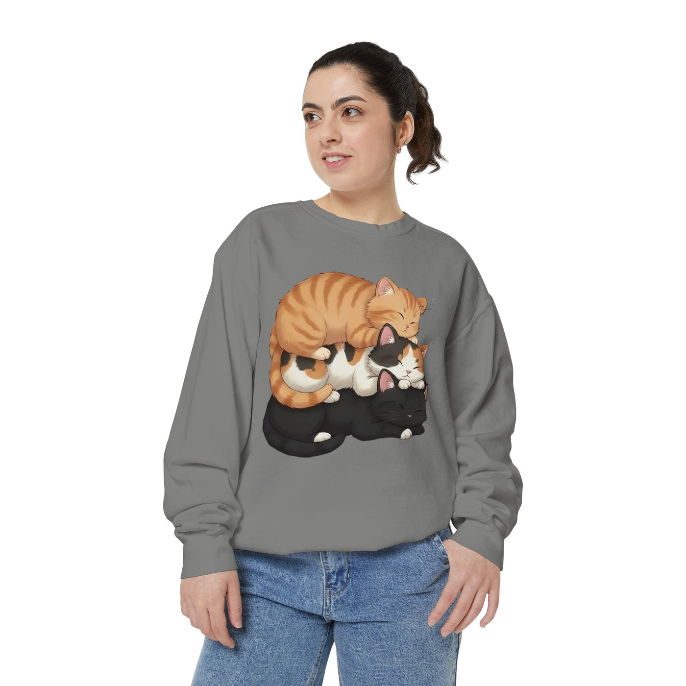 3 Cute Sleeping Cats style 5 Cozy Graphic Unisex Crewneck Sweatshirt
