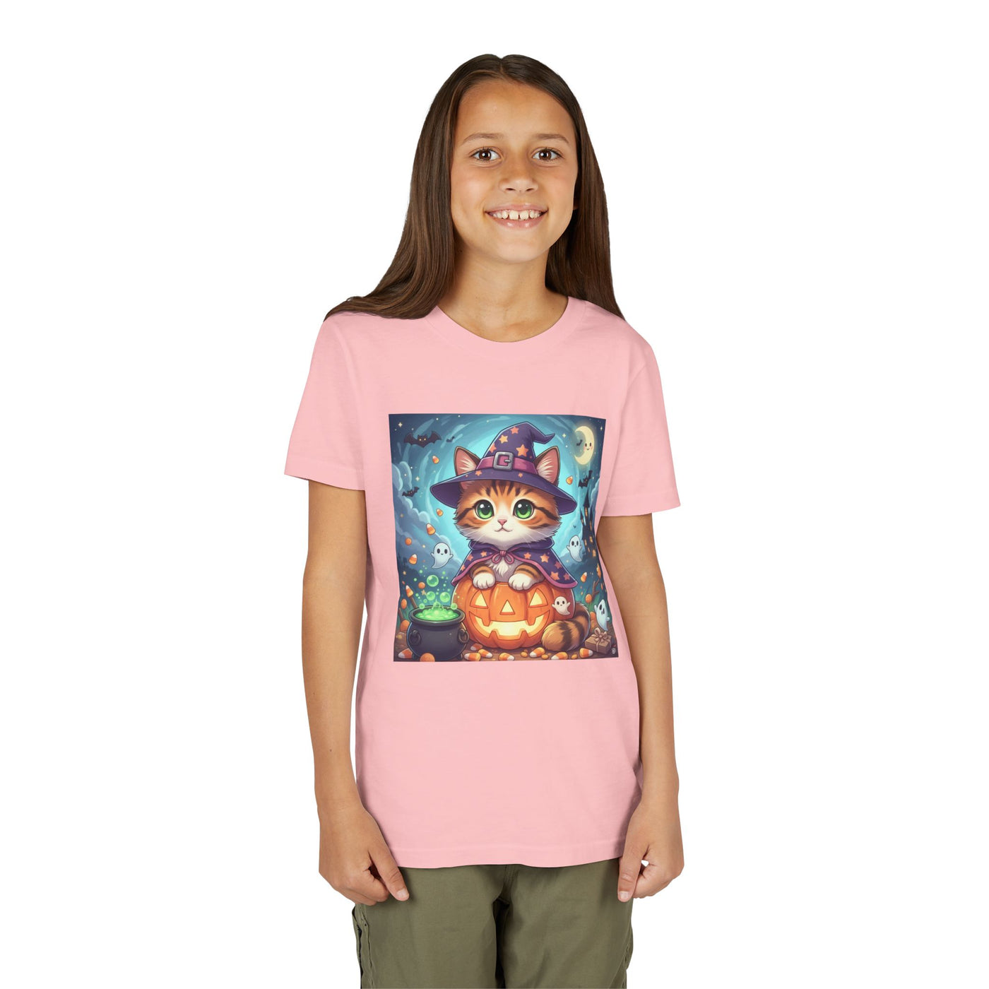 Halloween cute kitten anime style 2 Unisex Youth Tee | T-Shirt, Cute Pumpkin Shirt, Kids Halloween Outfit, Cat Lover Gift, Fun Fall Apparel