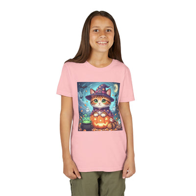 Halloween cute kitten anime style 2 Unisex Youth Tee | T-Shirt, Cute Pumpkin Shirt, Kids Halloween Outfit, Cat Lover Gift, Fun Fall Apparel