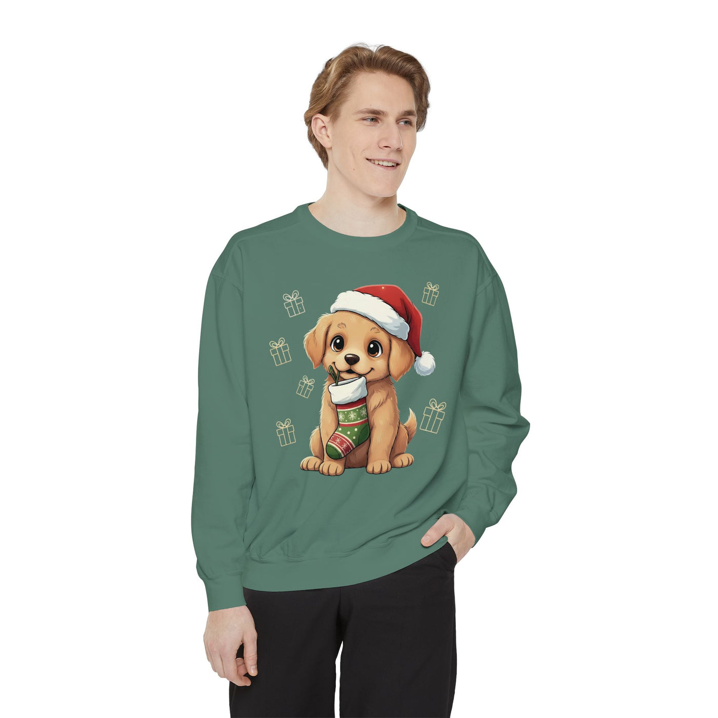 Cute Puppy waiting for Christmas presents style 4 Cozy Graphic Unisex Crewneck Sweatshirt