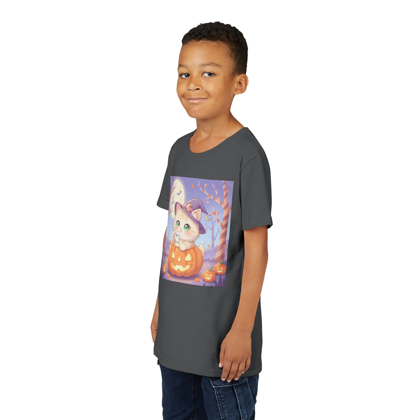 Halloween cute kitten anime style 1 Unisex Youth Tee | T-Shirt, Cute Pumpkin Shirt, Kids Halloween Outfit, Cat Lover Gift, Fun Fall Apparel