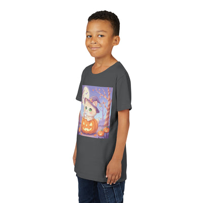 Halloween cute kitten anime style 1 Unisex Youth Tee | T-Shirt, Cute Pumpkin Shirt, Kids Halloween Outfit, Cat Lover Gift, Fun Fall Apparel