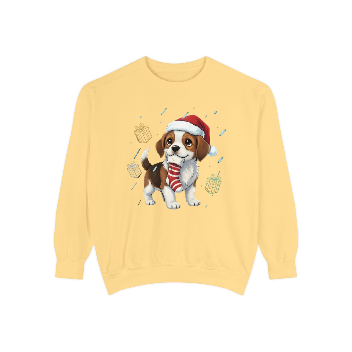 Cute Puppy waiting for Christmas presents style 6 Cozy Graphic Unisex Crewneck Sweatshirt