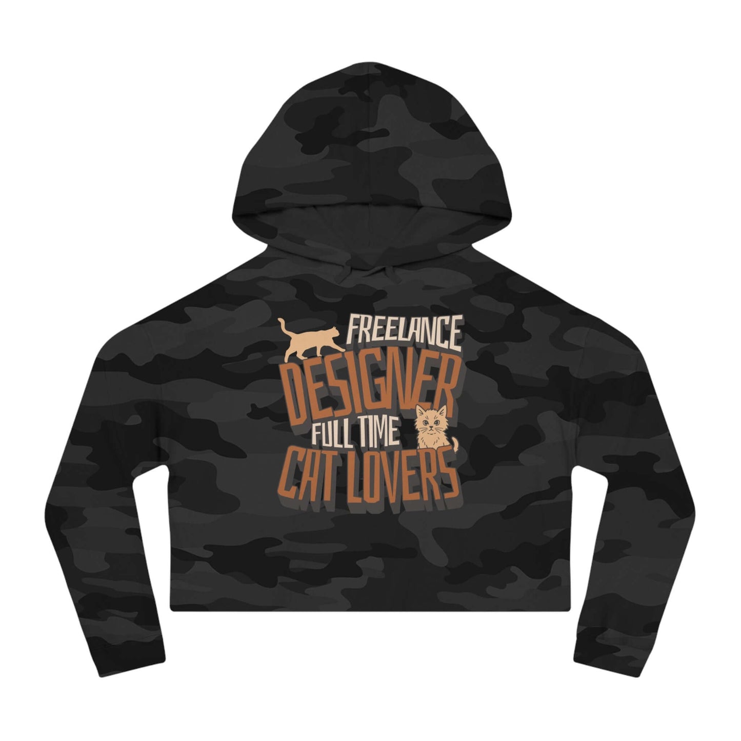 Full Time Cat Lovers - Cat Graphic Women Cropped Hoodie in black camouflage with playful designer text.