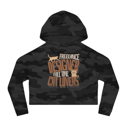 Full Time Cat Lovers - Cat Graphic Women Cropped Hoodie in black camouflage with playful designer text.