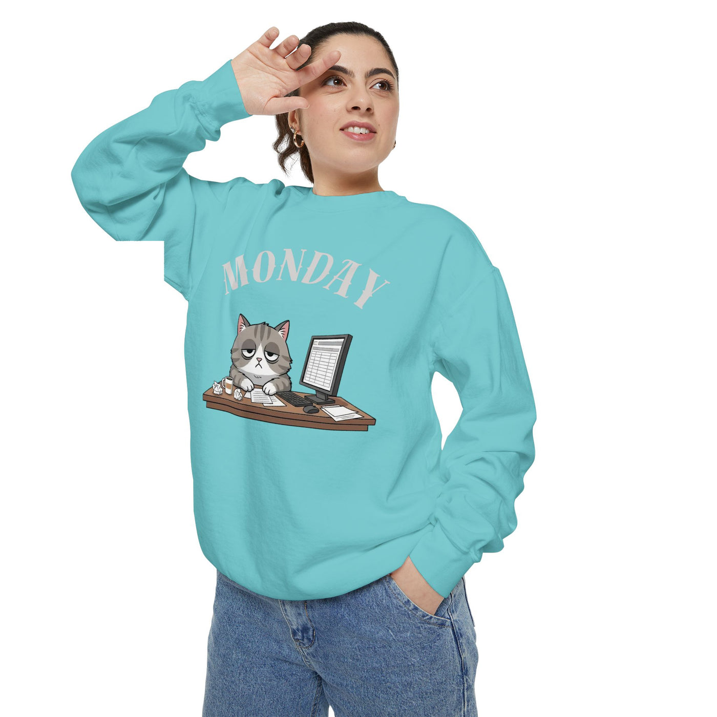 Monday Face Cat Stares Blankly Unisex Crewneck Sweatshirt style 5