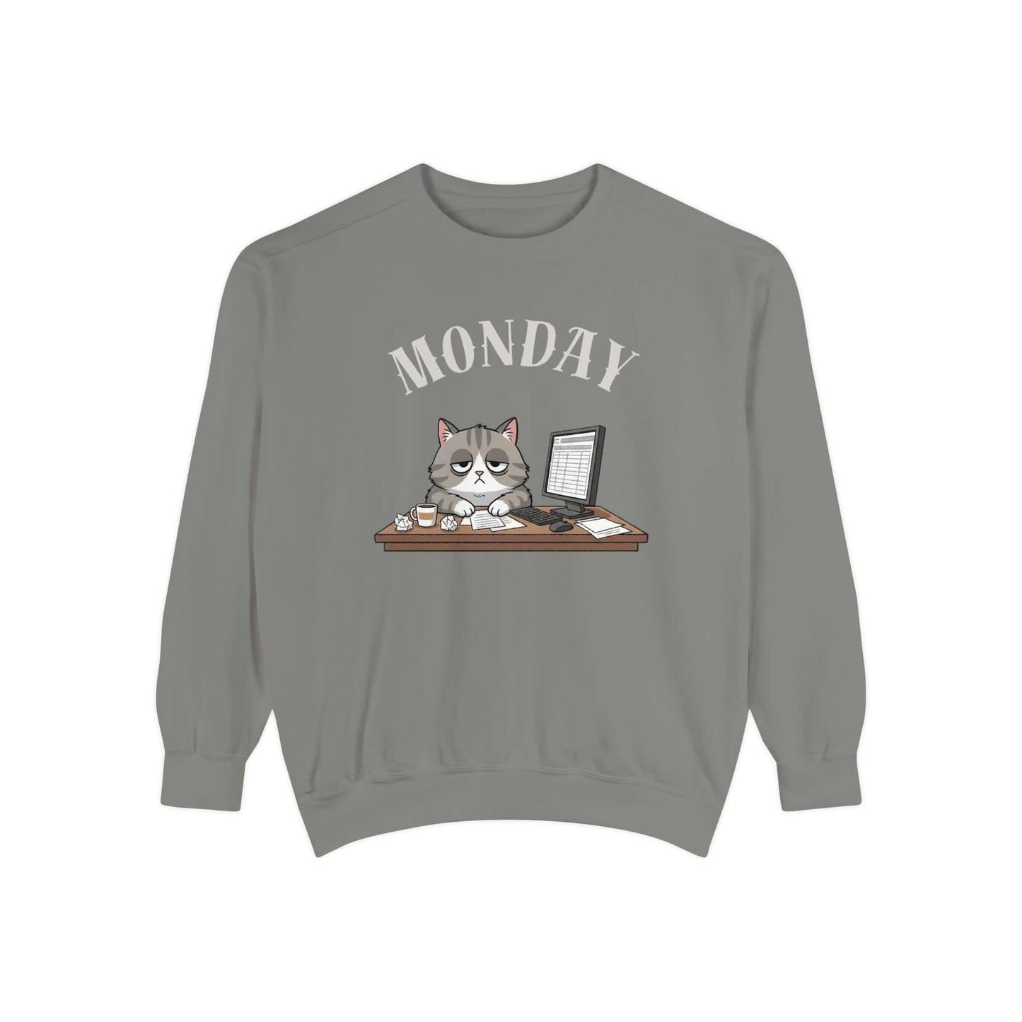 Monday Face Cat Stares Blankly Unisex Crewneck Sweatshirt featuring a cat under 'MONDAY' text
