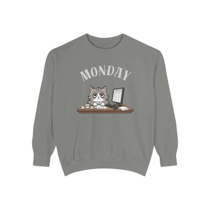Monday Face Cat Stares Blankly Unisex Crewneck Sweatshirt featuring a cat under 'MONDAY' text