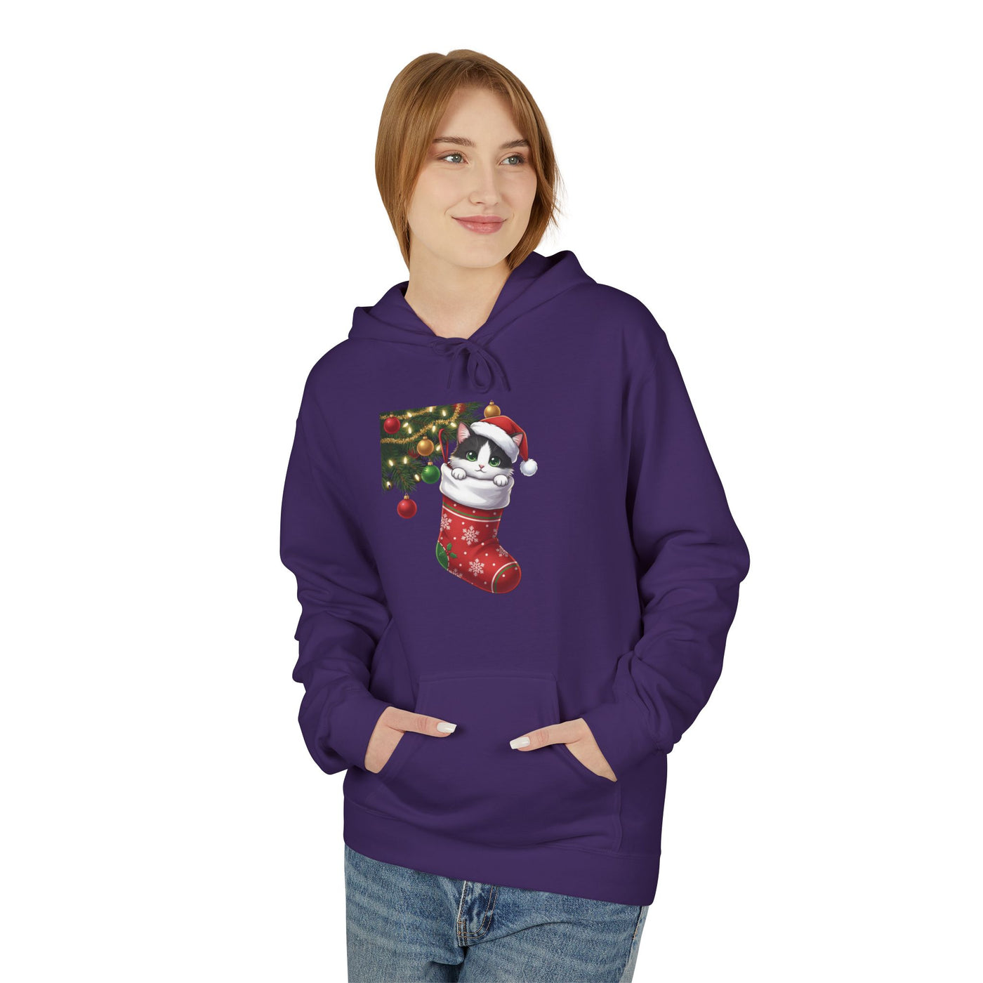 Adorable kitten hiding in Christmas stocking style 1 Cozy Graphic Unisex Midweight Softstyle Fleece Hoodie