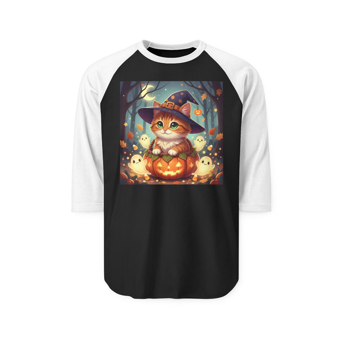 Halloween cute kitten anime style 3 Raglan Shirt, Unisex Halloween Top, Pumpkin Cat Shirt, Cute Cat Tee, Spooky Casual Wear