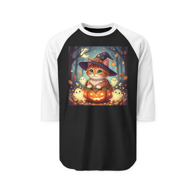Halloween cute kitten anime style 3 Raglan Shirt, Unisex Halloween Top, Pumpkin Cat Shirt, Cute Cat Tee, Spooky Casual Wear