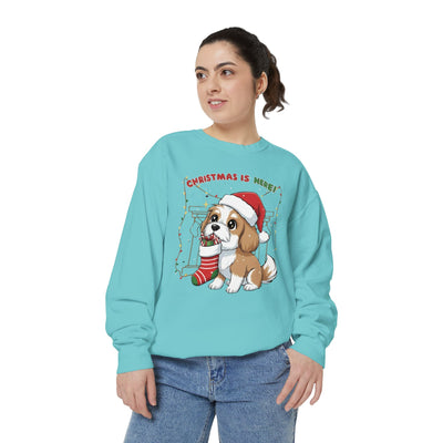 Cute Puppy waiting for Christmas presents style 5 Cozy Graphic Unisex Crewneck Sweatshirt