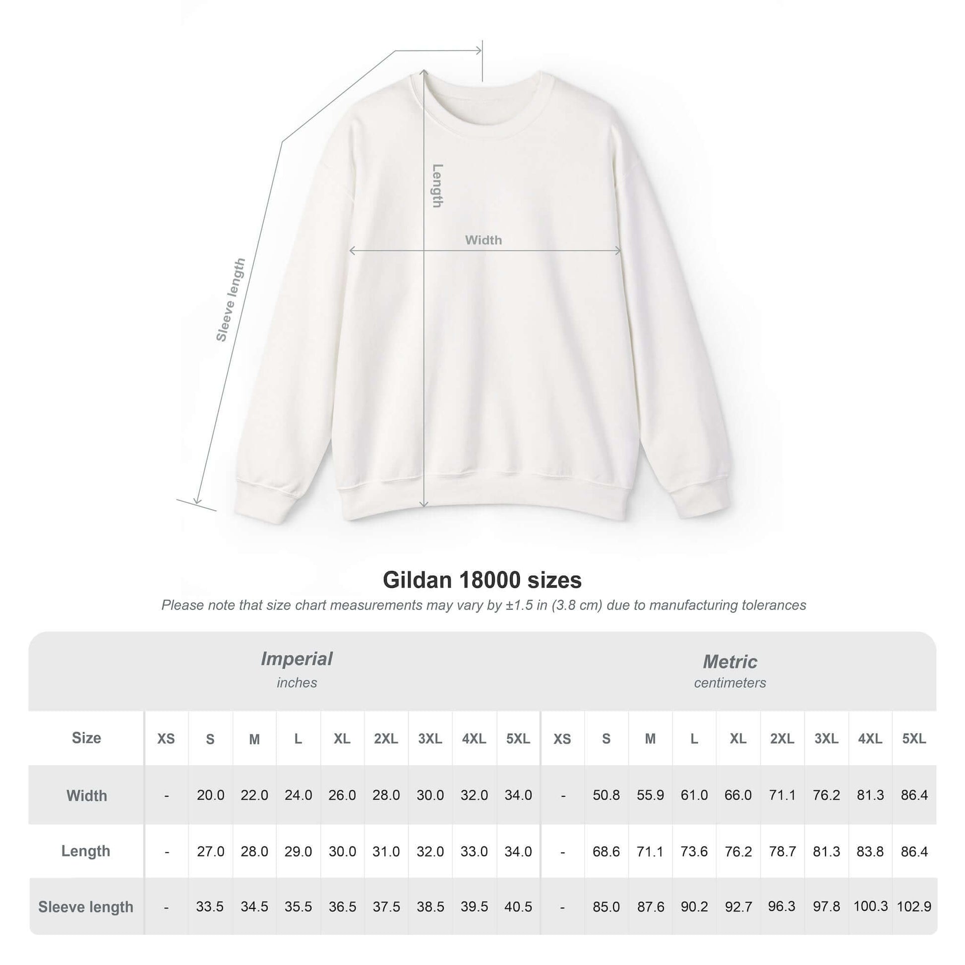 Size chart for Gildan 18000 sweatshirt, featuring measurements for unisex crewneck options.