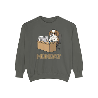 Monday Face Dog Stares Blankly Unisex Crewneck Sweatshirt featuring a cartoon dog at a desk with 'MONDAY' text.