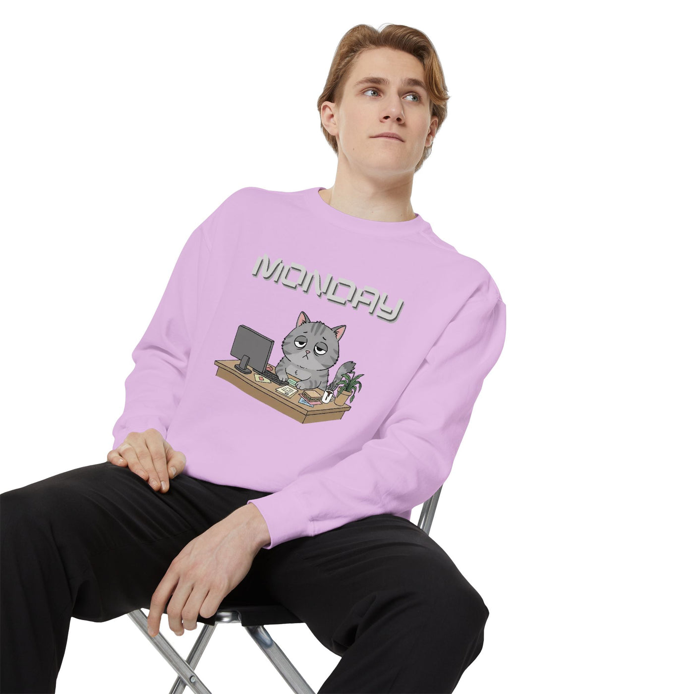 Monday Face Cat Stares Blankly Unisex Crewneck Sweatshirt style 2