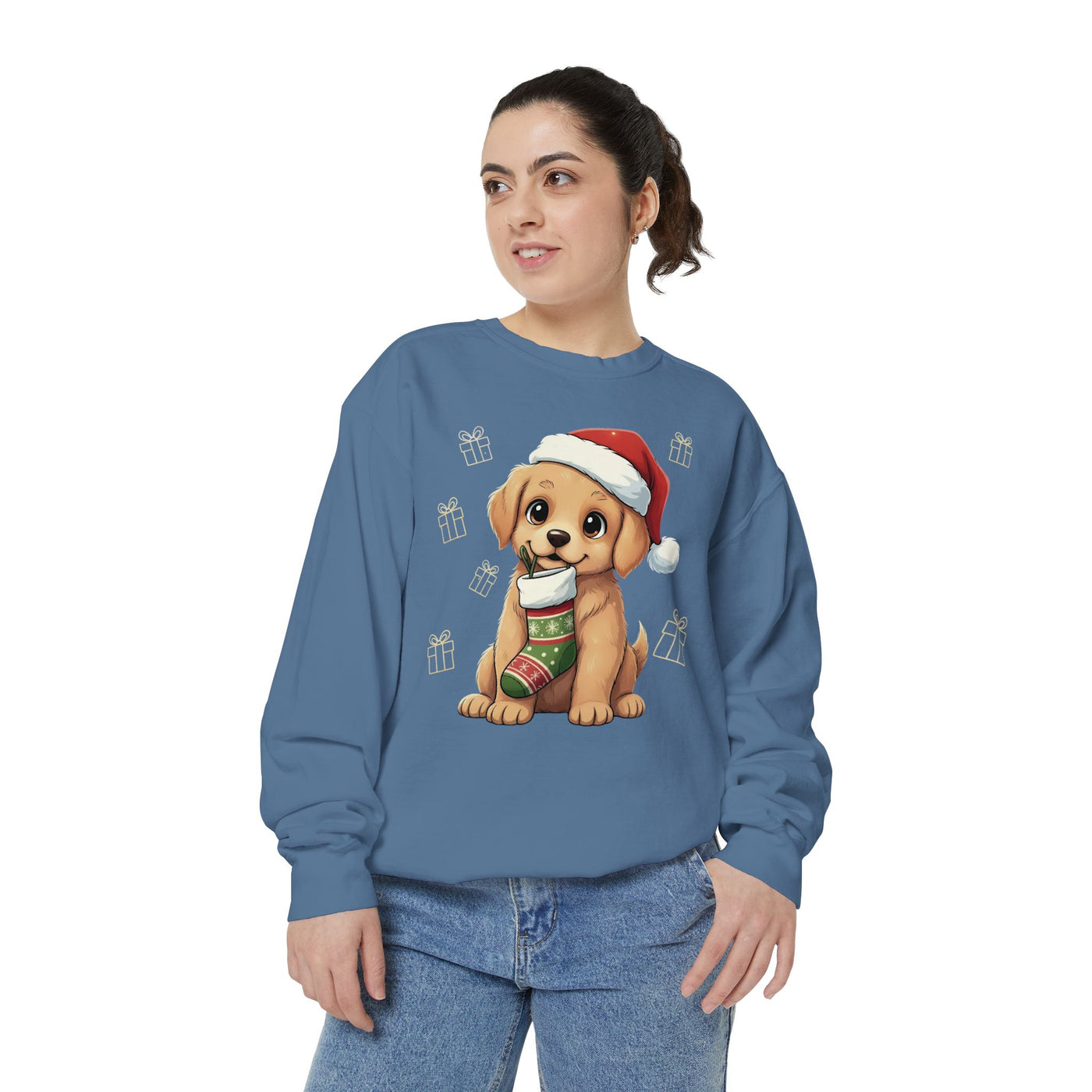 Cute Puppy waiting for Christmas presents style 4 Cozy Graphic Unisex Crewneck Sweatshirt