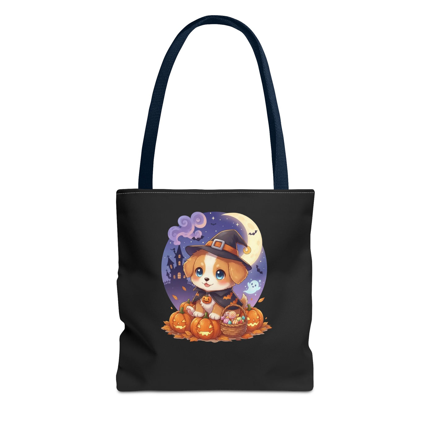 Adorable Halloween Puppy anime style Tote Bag, Pumpkin Lover Gift, Cute Dog Design, Witch Theme, Eco-Friendly Shopping Bag