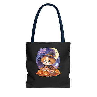 Adorable Halloween Puppy anime style Tote Bag, Pumpkin Lover Gift, Cute Dog Design, Witch Theme, Eco-Friendly Shopping Bag