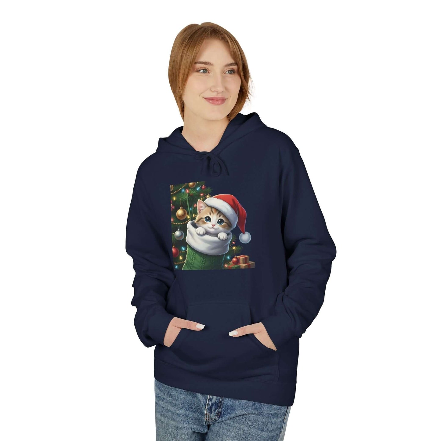Kitten hiding in Christmas stocking Unisex Fleece Hoodie style 2