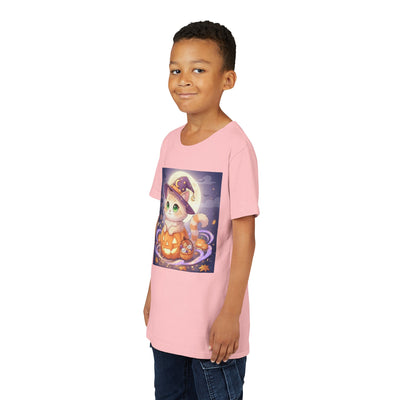 Halloween cute kitten anime style 4 Unisex Youth Tee | T-Shirt, Cute Pumpkin Shirt, Kids Halloween Outfit, Cat Lover Gift, Fun Fall Apparel