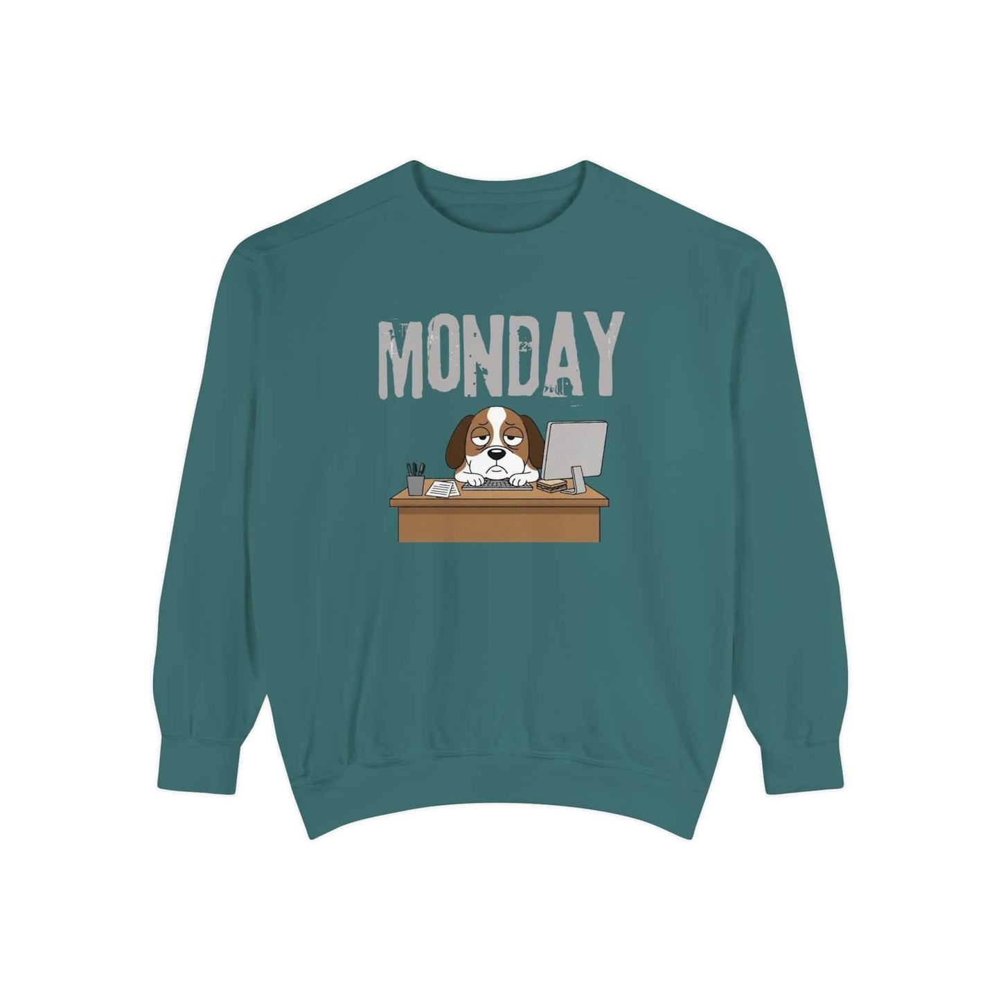 Monday Face Dog Stares Blankly Unisex Crewneck Sweatshirt with a dog at a desk under the 'MONDAY' banner.