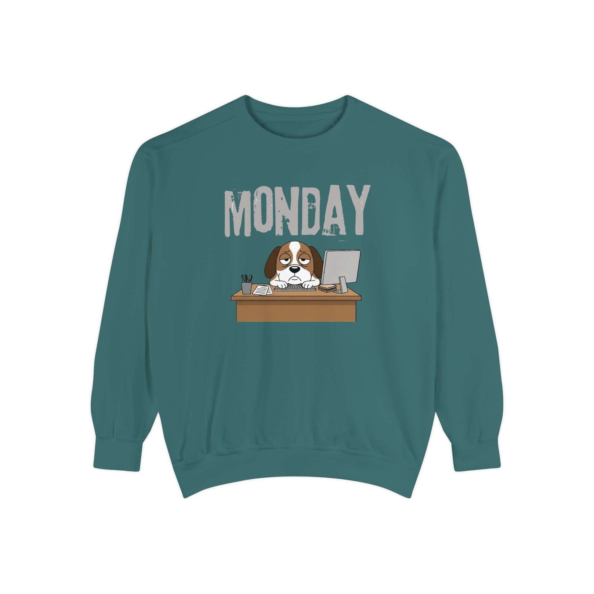 Monday Face Dog Stares Blankly Unisex Crewneck Sweatshirt with a dog at a desk under the 'MONDAY' banner.