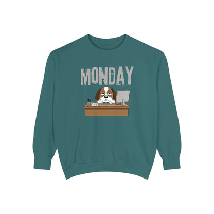 Monday Face Dog Stares Blankly Unisex Crewneck Sweatshirt with a dog at a desk under the 'MONDAY' banner.